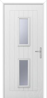 white front door with two pieces of glass