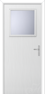 white door with square of glass for back door