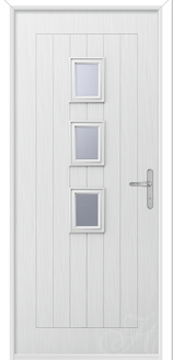 white front door with three square glass