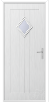white front door with diamond glass