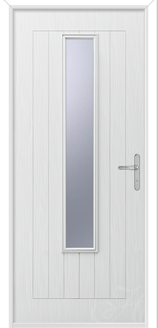 white front door with a long piece of glass