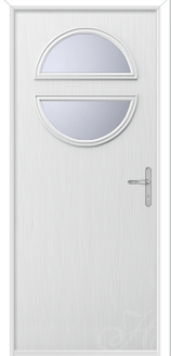 a white door with two half arches of glass