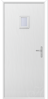 a white door with square glass