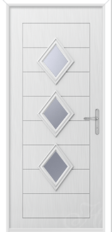 a white door with three diamond shaped windows