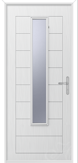 a white composite door with one long piece of glass