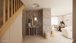 Entrée avec mur de parement, console en travertin et ses éléments déco, rangement sur mesure