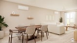 séjour-salle à manger minimaliste et intemporel,  table en epoxy et espace tv avec grand canapé