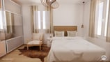 Chambre tiente douce, mobilier en bois, tapis peau de vache 