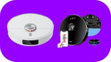 fundo roxo e dois aspiradors de pó robô, 1 branco e outro preto
