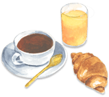 watercolor breakfast image with a coffee orange juice and a pastry croissant