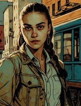 Portrait photo transformed into a woman in a white shirt and a picture of a woman in a city