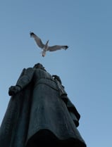 Low‑angle view of a statue with a seagull overhead against a clear sky, By ACAT Photos