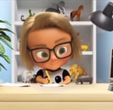 a cartoon character is sitting at a desk