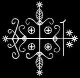 a white and black magic symbol that represents the deity 'papa legba'