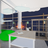 Zoom sur une partie du coin lecture avec une table basse, un pouf vert et lampe orange