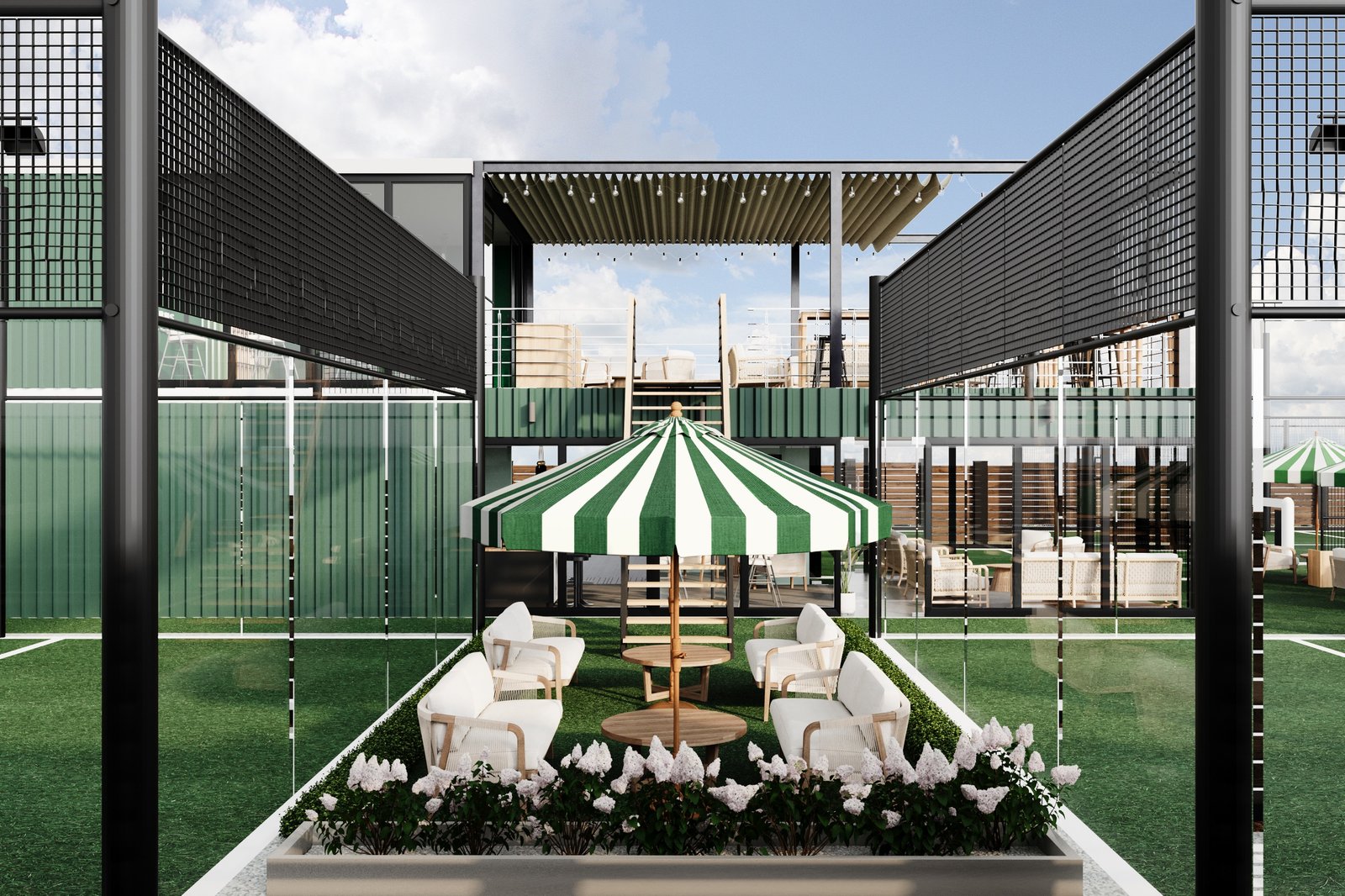 Rendering of the Phase Two courtyard and clubhouse at Columbus Padel Club