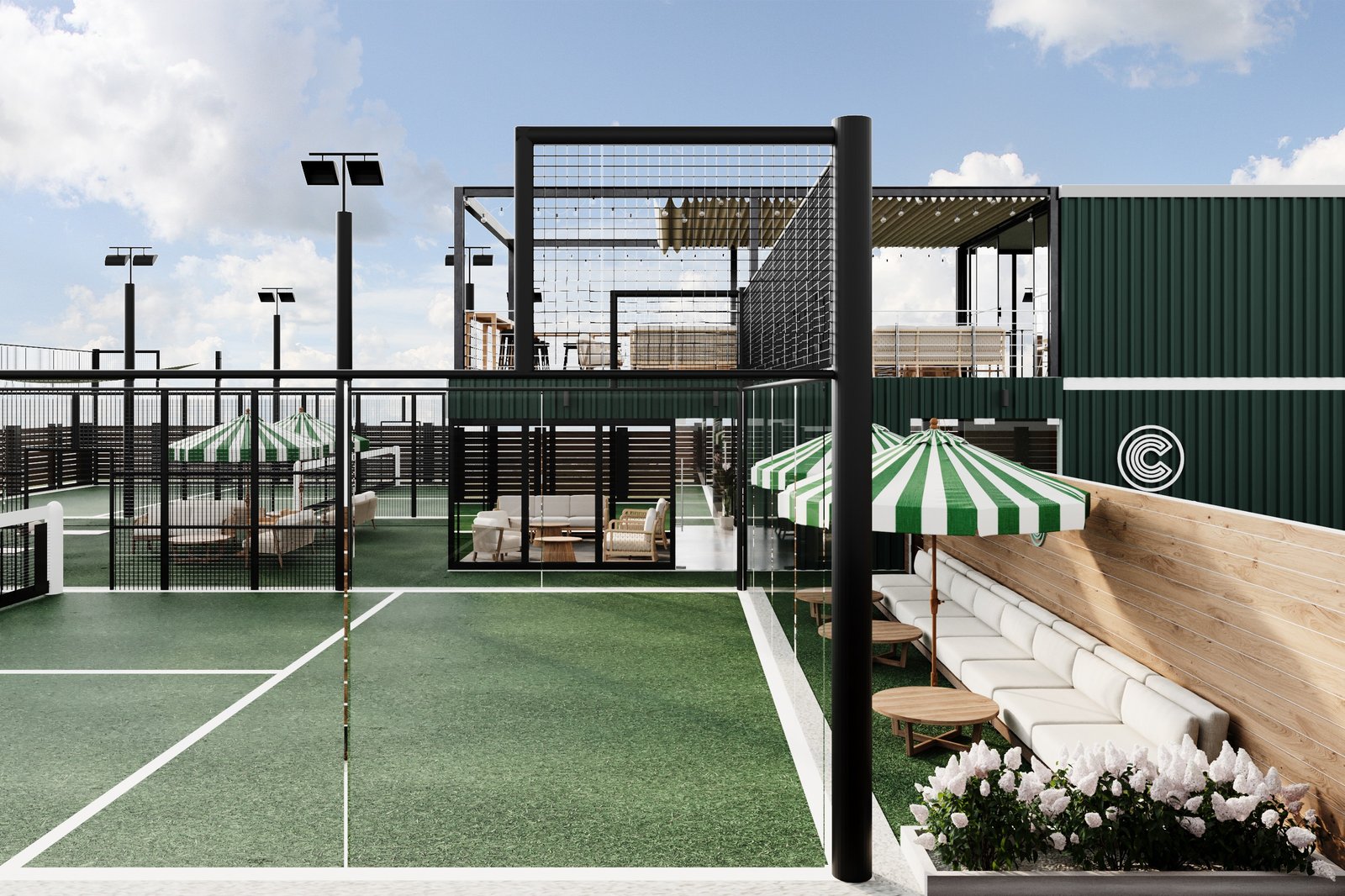 Rendering of a glass-walled padel court at Columbus Padel Club