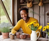 a man sitting at a table with a cup of coffee