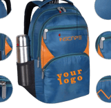 school bag with orange and blue color combination and multiple compartments