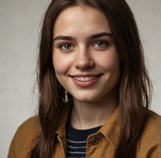 a woman with long hair and a brown jacket