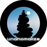 unanomalize logo for merch, black circle, with logo inside & includes pod name, representing extraordinary experience