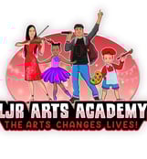 Kids as violinist, ballerina, singer, and artist above the company name LJR Arts Academy.