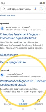 Nous voyons la seconde position dans le moteur de recherche google du site Rénov Habitat Paca