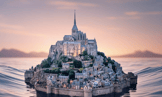 a small island mont saint michel in france with a castle on top of it