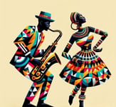 a man and woman playing saxophones in a colorful, geometric pattern