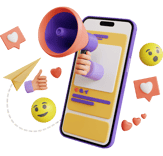 3d picture of a phone showing a loud speaker in hand and different emojis around the phone creating a visual hook.