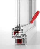 a window with a red handle and a red handle