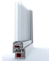 a window frame with a white frame and red trim