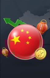 a chinese flag with a green arrow pointing up