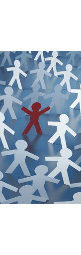 Paper cutout stick people with one red and rest white.