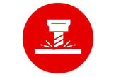 a red and white sign with a hammer hammer in the middle