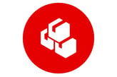 a red and white logo with a red and white background