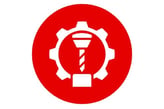 a red and white logo with a red and white background
