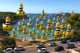 a large group of yellow rubber PATOCOLOM ducks floating in the water of s´arenal of Portocolom