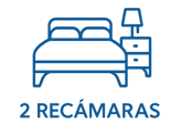 Ícono azul de cama con buró que representa departamento con 2 recámaras, diseño ilustrativo