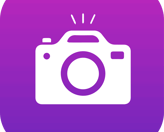 a camera with a purple background and a white camera