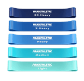 Set van vijf Panathletic weerstandsbanden in groen, blauw, geel, rood en zwart, elk met een ander we