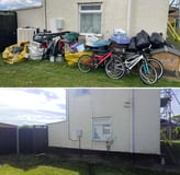 before and after pictures of waste removed from the side of a house in worcester city