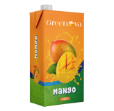 Greenova mango juice a carton of mango juice with a mango
