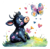 a cow baby sitting on a hill with butterflies