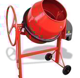 a red cement mixer with wheels and wheels