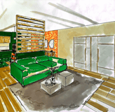 Croquis de perspective d'un salon d'un projet de HOJE STUDIO
