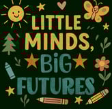 Retro teacher shirt with "Little Minds, Big Futures" and colorful kid-style doodles