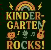 Kindergarten Rocks! retro teacher shirt with rainbow, apple, and guitar