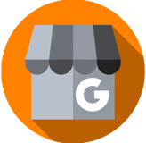 Google Business logo in shades of gray with orange circle background