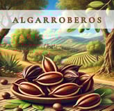 La imagen muestra el Logo de Algarroberos: vainas de algarroba en un fondo mediterráneo